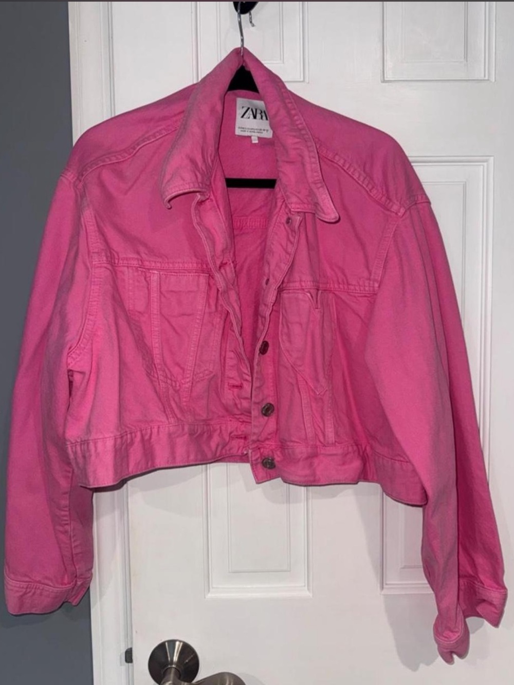 Zara Bright Pink Cropped Denim Jacket